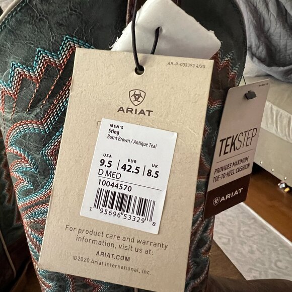 NWT Ariat Men's Sting Boots Burnt Brown/Antique Teal Square Toe Size 9.5 Medium - Picture 6 of 8